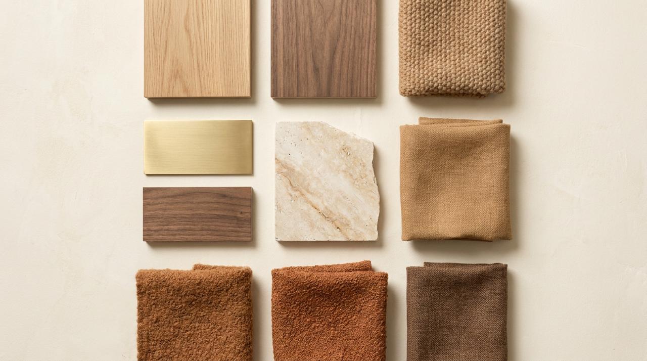 Material palette — woods, stone, metal, textiles